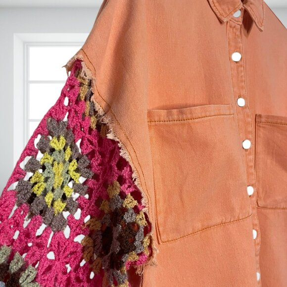 POL Patchwork Crochet Sleeve Denim Shacket | Bohemian Frayed Oversized Jacket M - Picture 5 of 13